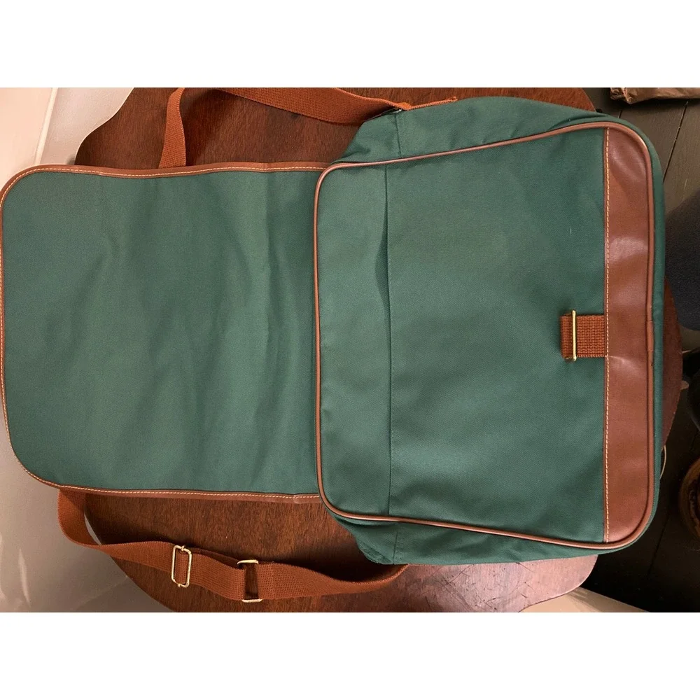 VTG Polo Ralph Lauren Messenger Bag Green Canvas Brown Trim Crossbody Laptop Bag
